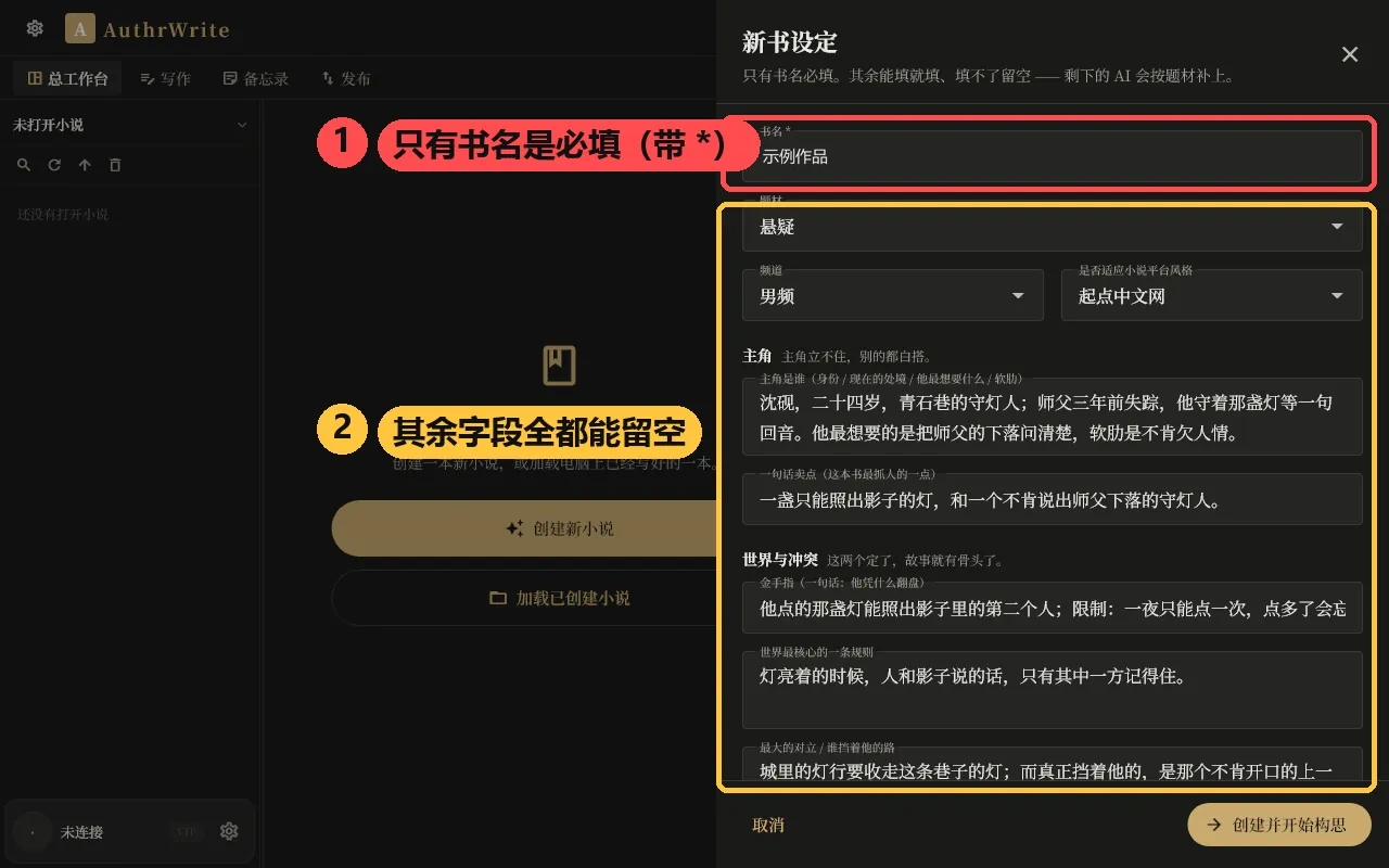 新书设定表单（书名示例填的是「示例作品」）：红框标出「书名」是唯一必填，金框标出其余字段全都能留空