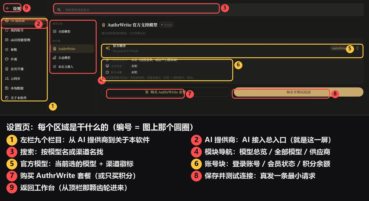 设置页全景：左栏九个栏目 + AI 提供商这一屏